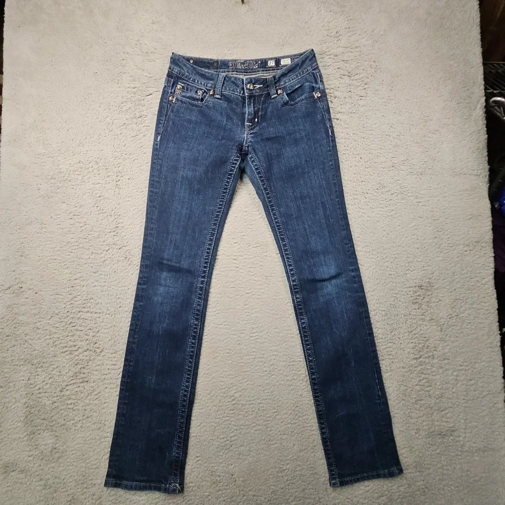 Miss Me Jeans Womens 27 Blue Rhinestone Y2K Bling Western Fleur de Lis Cowgirl